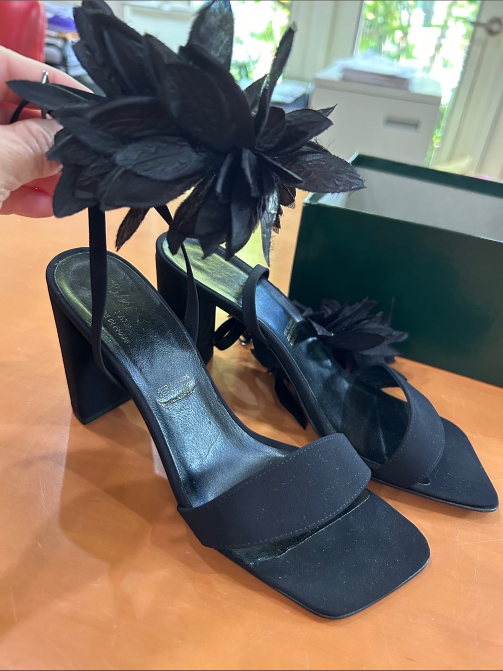 Robert Clergerie Black Floral Ankle-Tie Block Heels